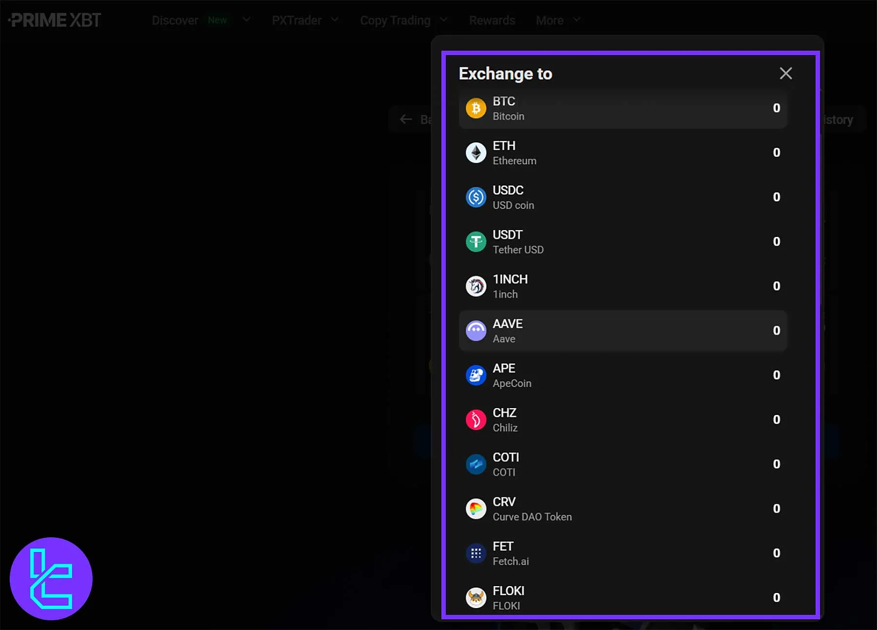PrimeXBT dashboard displaying supported cryptocurrencies, including BTC, ETH, USDT, USDC, and a wide range of altcoins