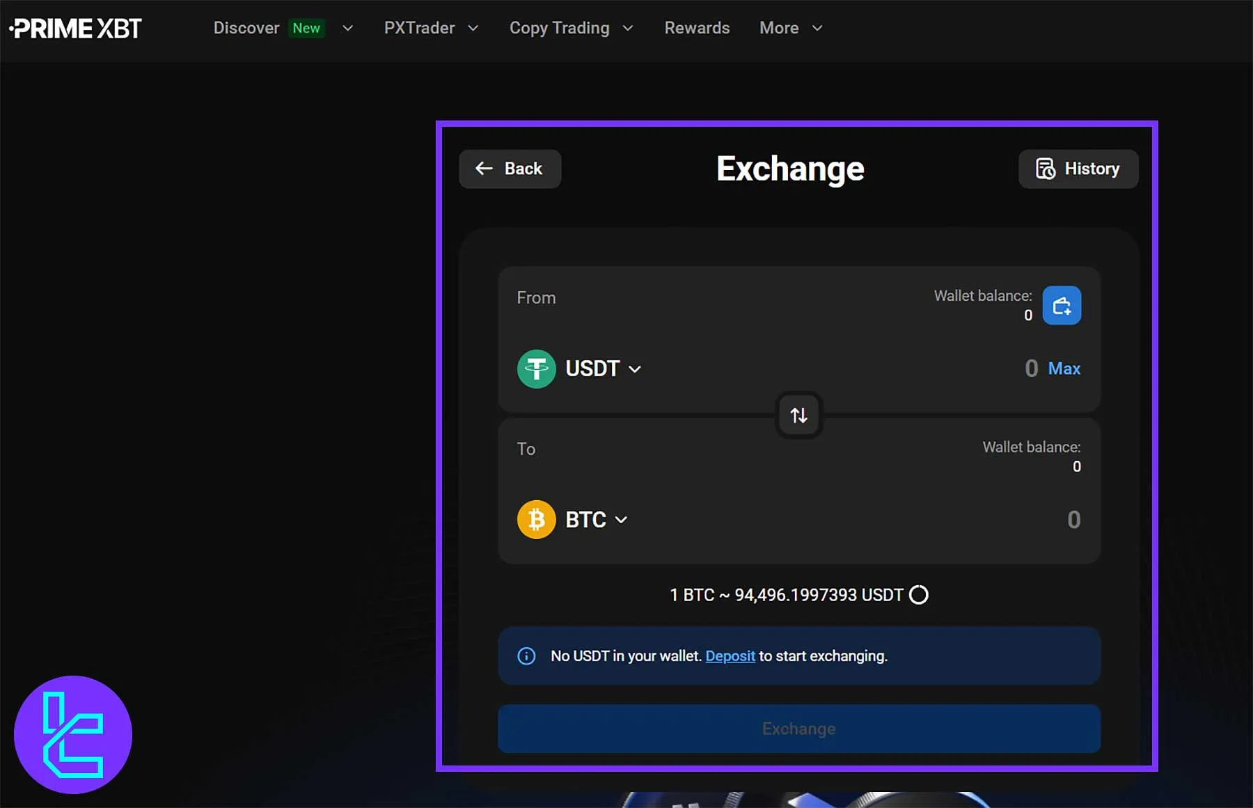Exchange window showing crypto pair selection on PrimeXBT