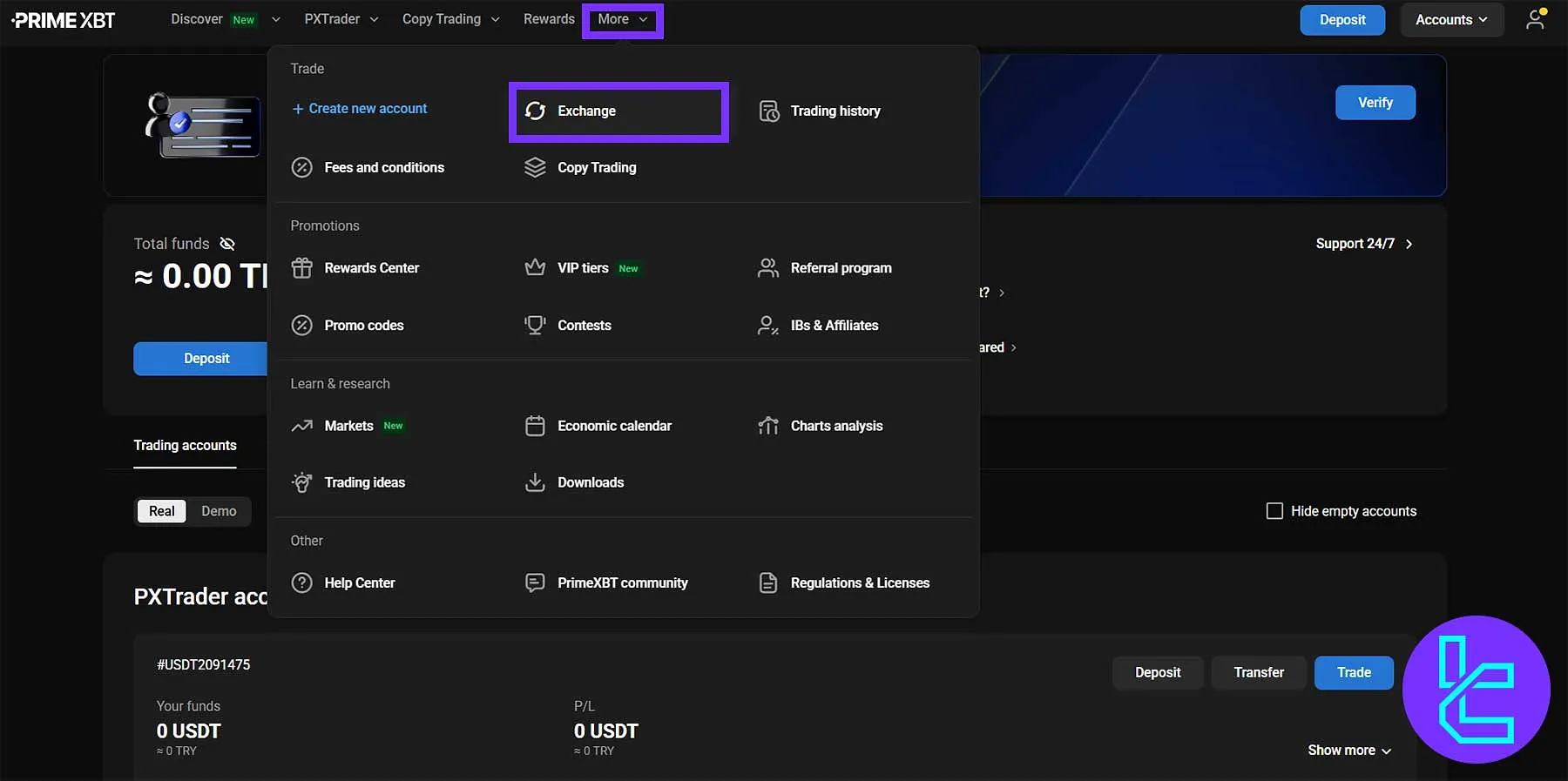 PrimeXBT main menu showing exchange navigation