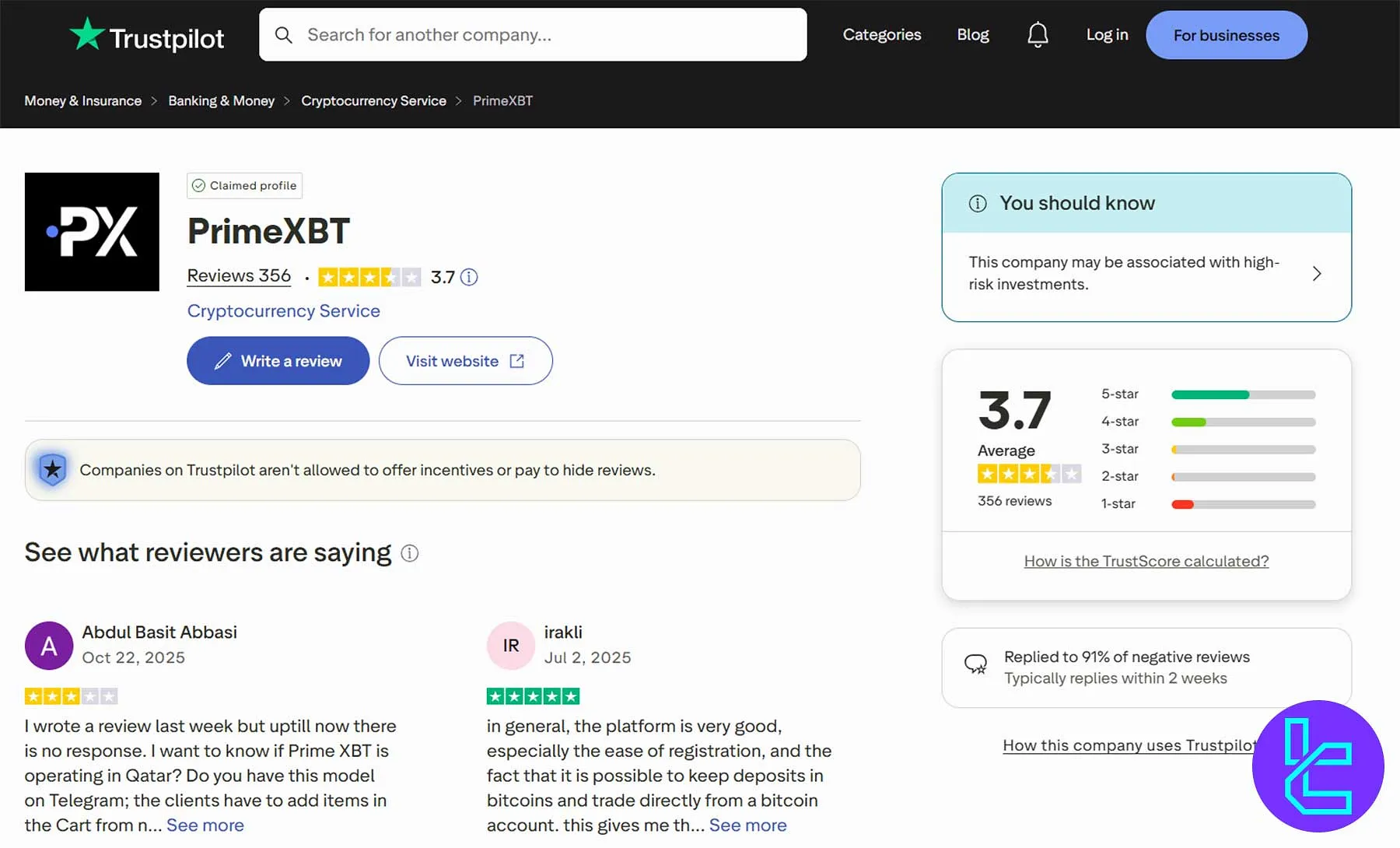 PrimeXBT ratings on Trustpilot