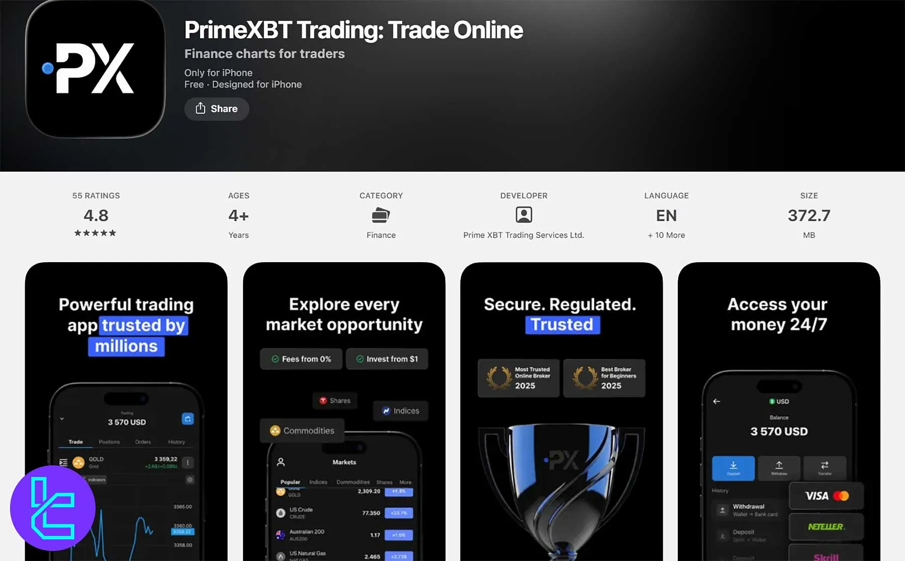 PrimeXBT mobile trading app with crypto market tools
