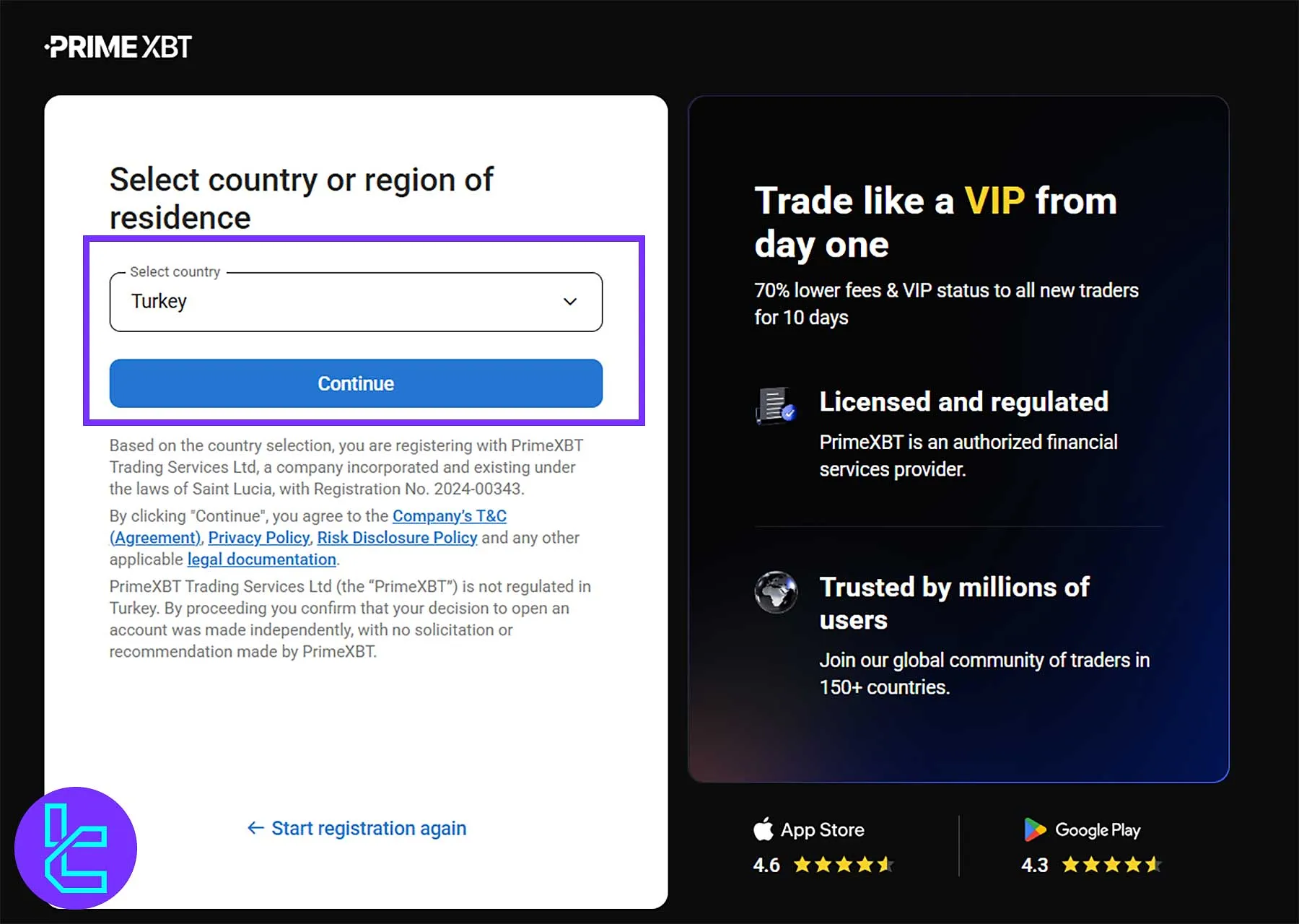 PrimeXBT Country of Residence Selection