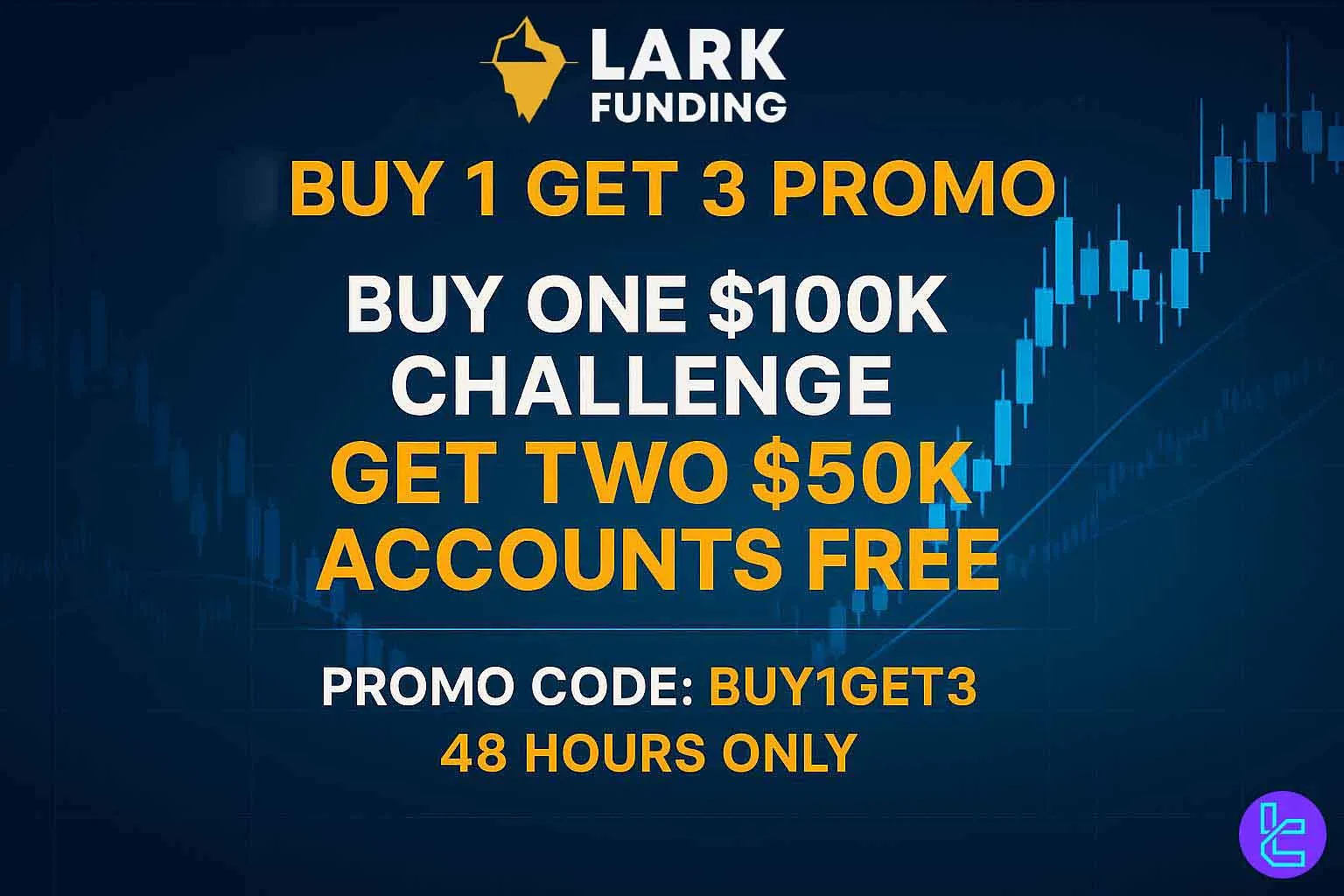 Lark Funding Buy 1 Get 3 promo banner in warm red-orange tones with minimal text