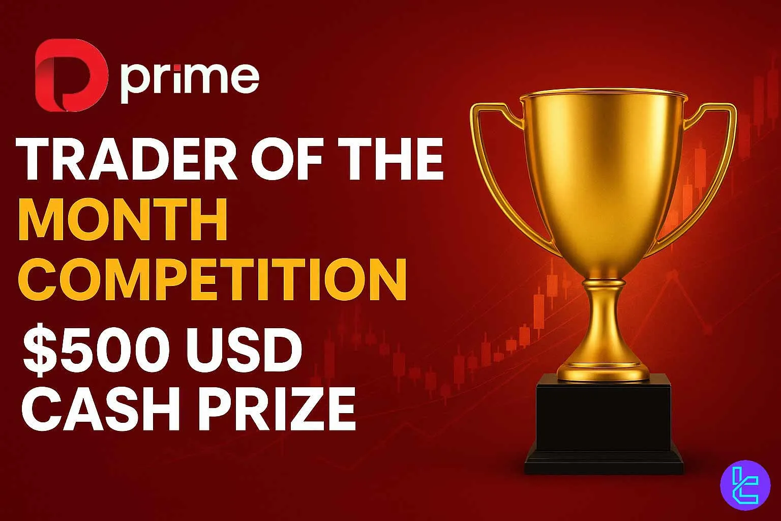 Red and gold banner for Doo Prime’s Trader of the Month Competition, featuring a golden trophy