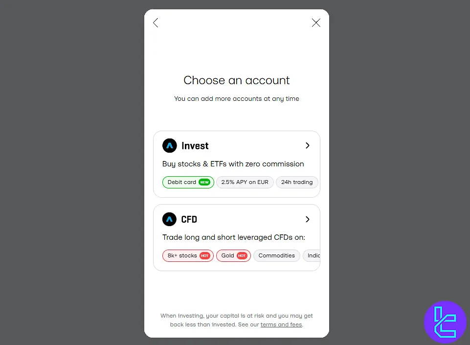 Account Type Selection for Trading 212 Registration