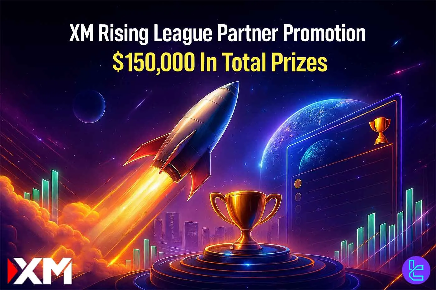 XM Partners global affiliate contest artwork showing a rocket launch