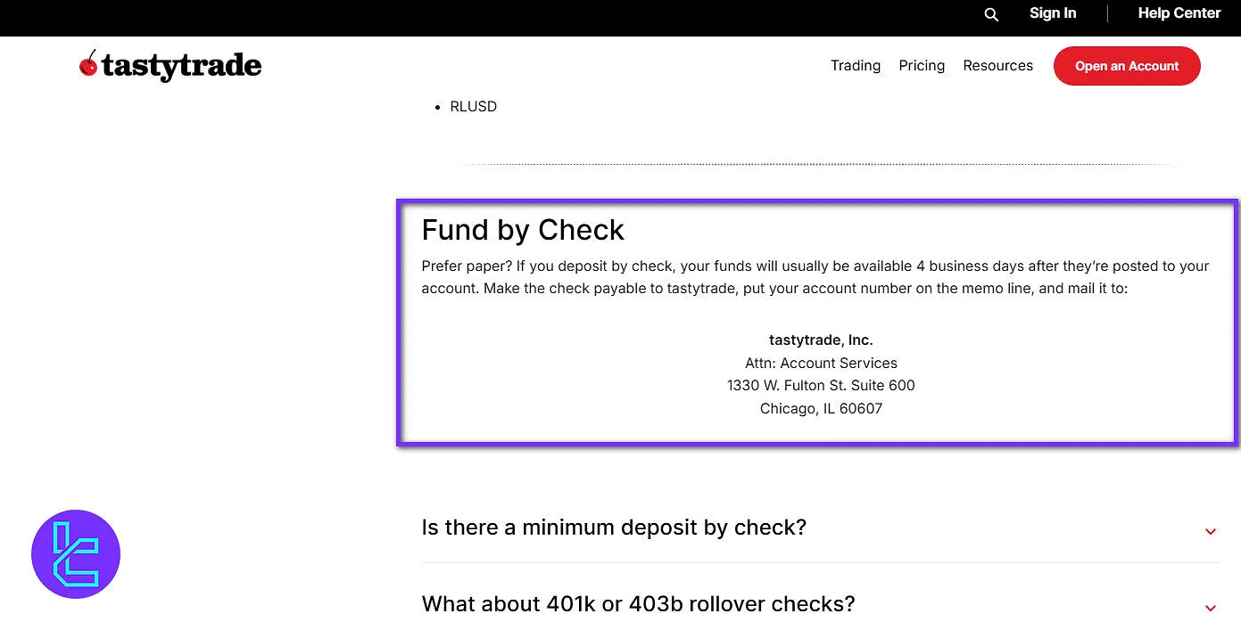 Tastytrade check deposit