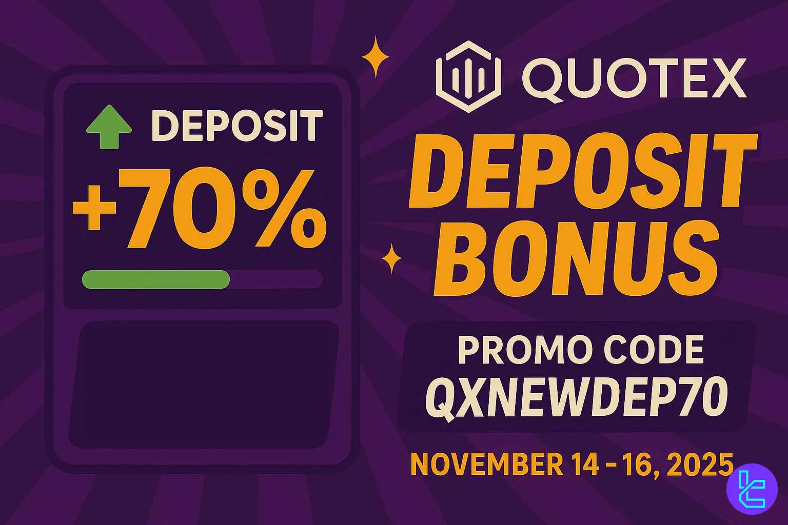 Quotex 70% deposit bonus promotion with trading interface illustration