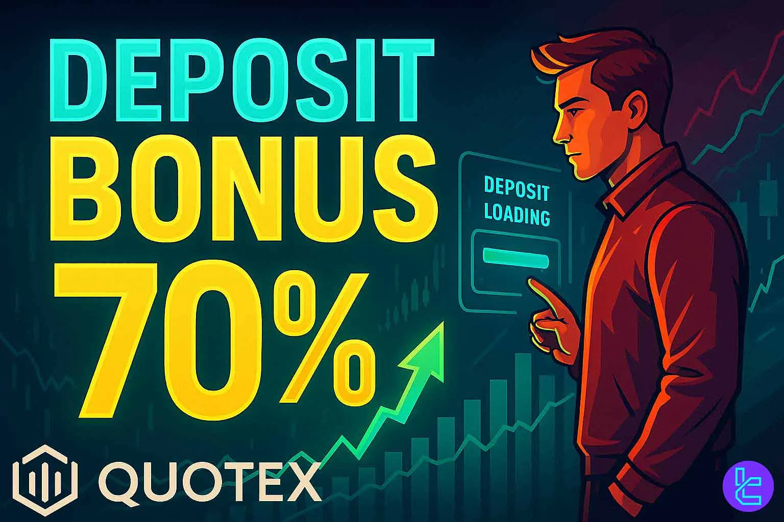 Trader activating the 70% deposit bonus offer on Quotex platform