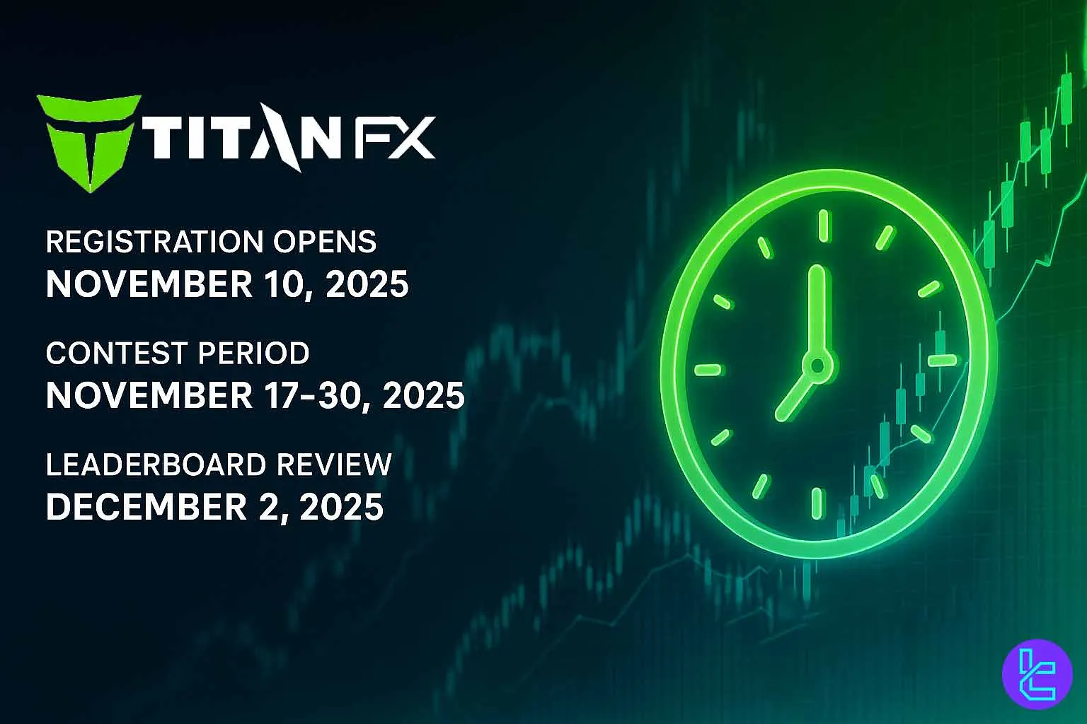 Titan FX contest schedule banner with a glowing neon clock and financial chart background
