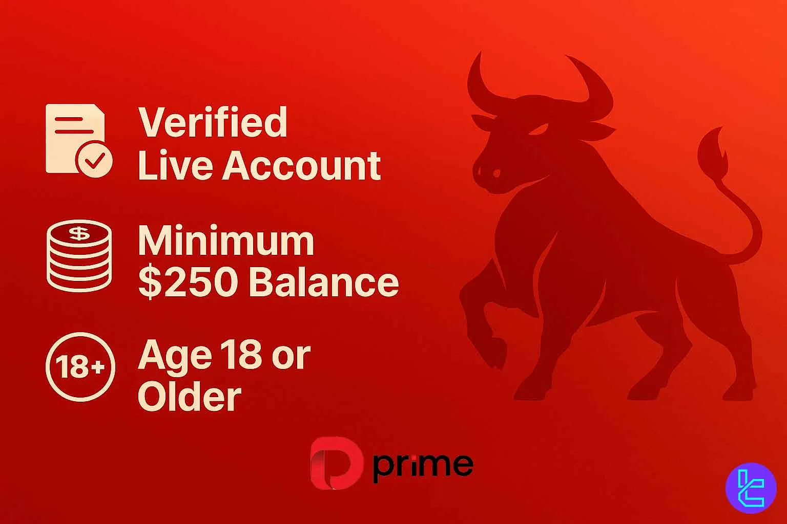Red Doo Prime eligibility banner featuring icons for verification, $250 balance, and 18+ requirement