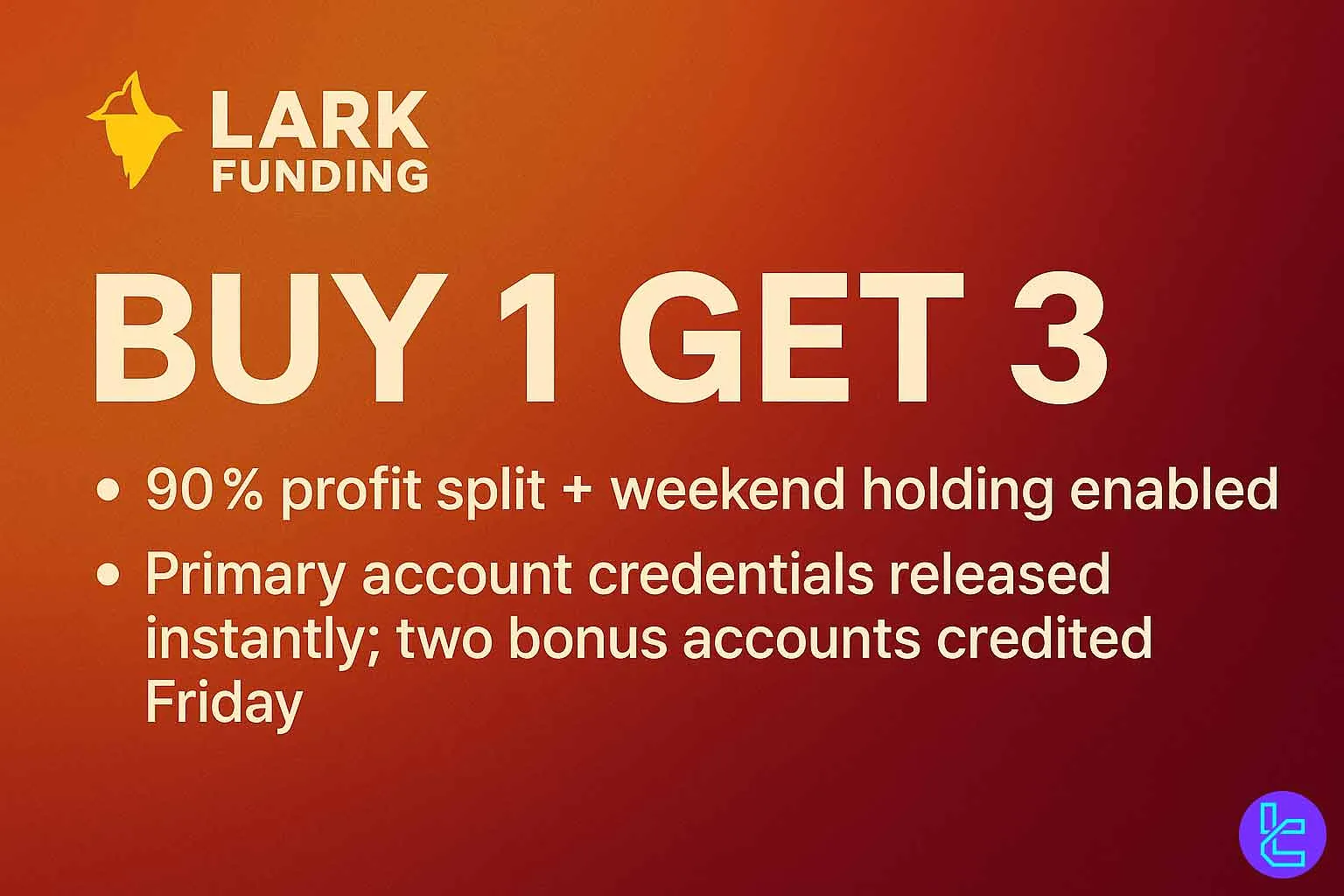 Lark Funding’s BUY1GET3 promo banner highlighting 90% profit split, weekend holding enabled, and instant primary account delivery