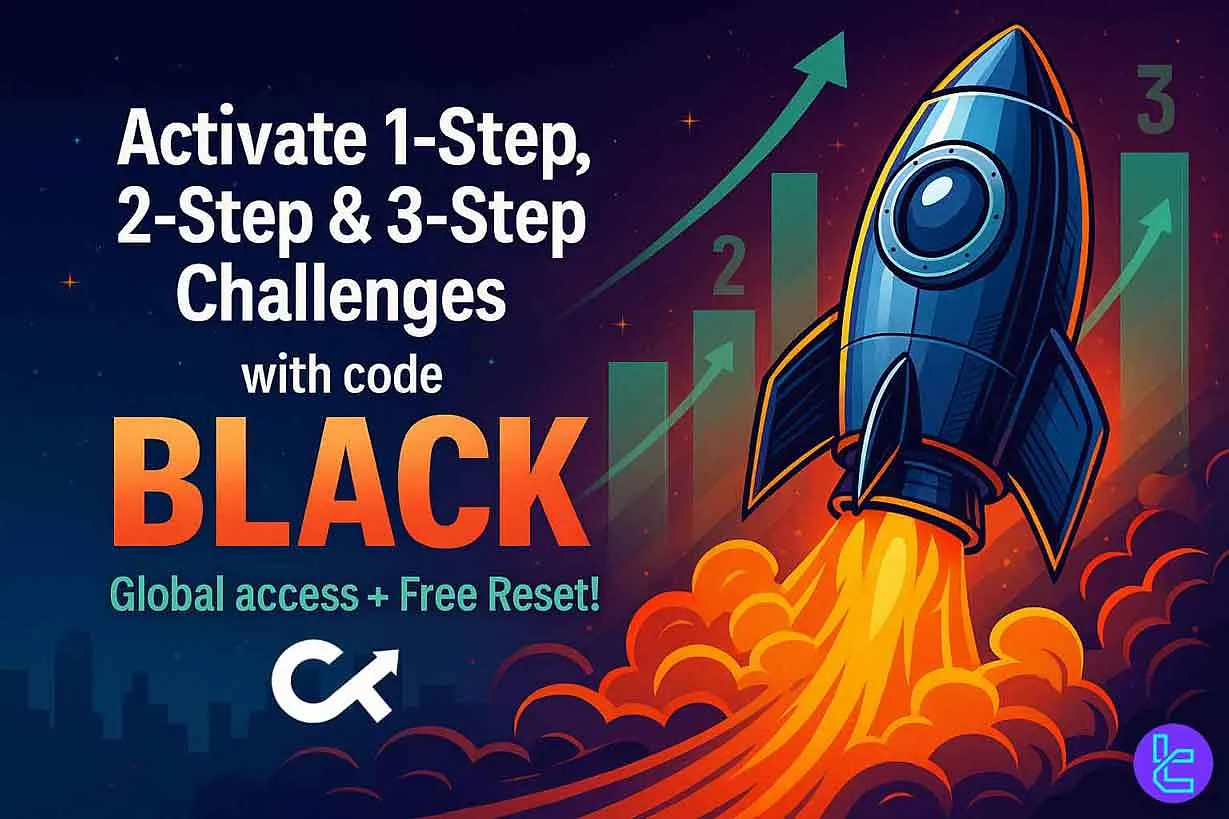 Alpha Trader Black Friday ad with bold orange text on a dark purple background showing 50% OFF