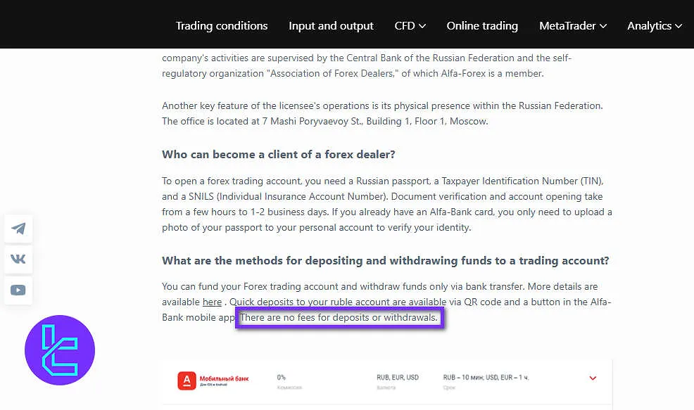 Alfa-Forex Non-Trading Fees