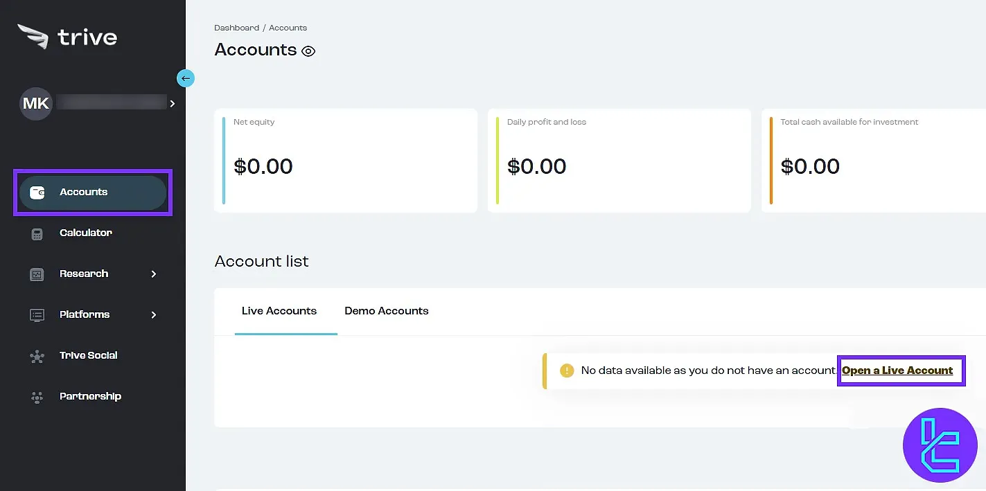 Trive dashboard account verification interface