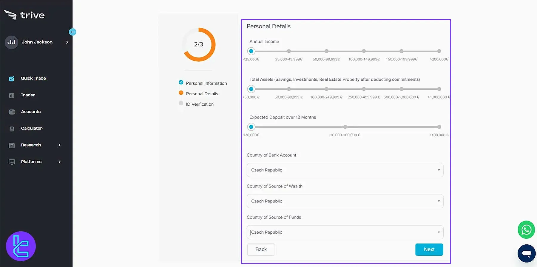 Financial Details form for Trive sign up