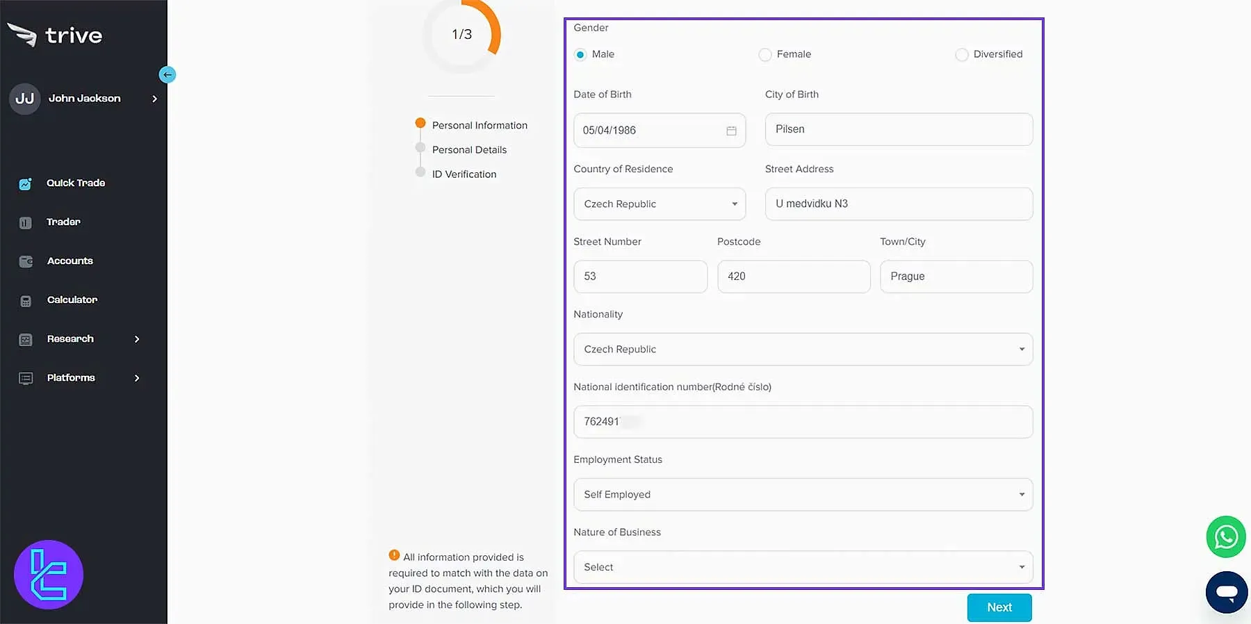 Personal Details form for Trive sign up