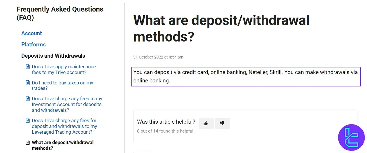Trive deposit and withdrawal methods
