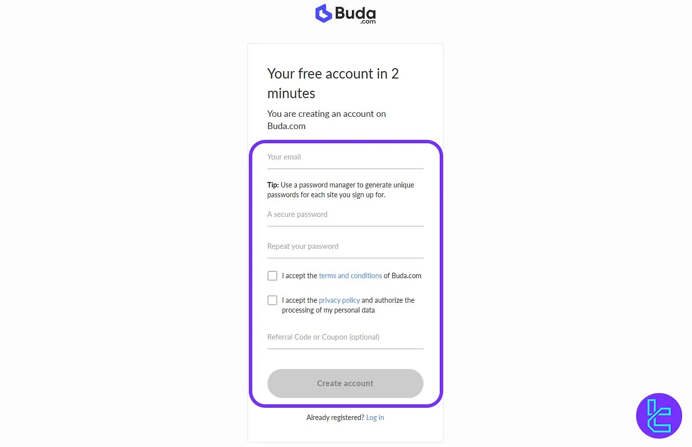 Secure password fields for Buda account setup