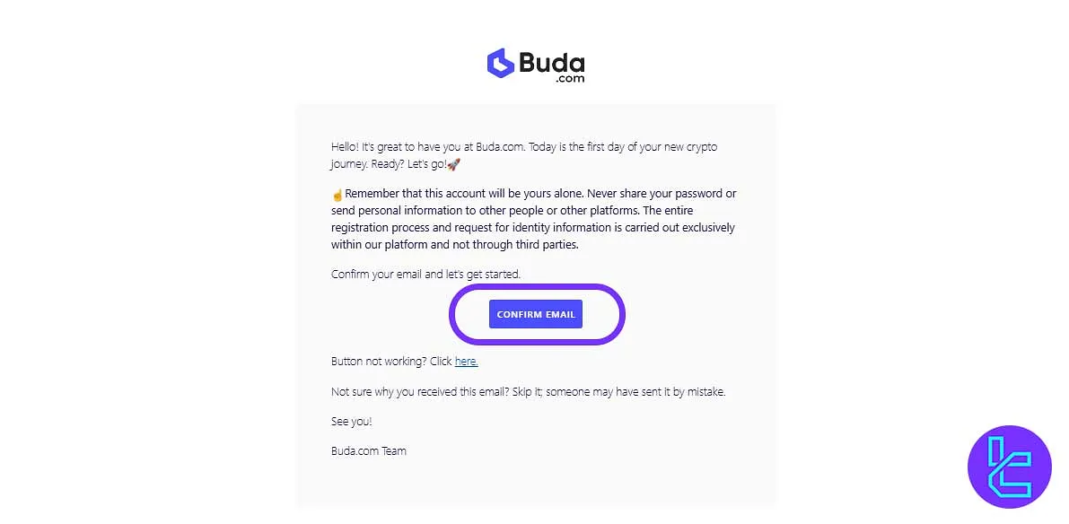 Email confirmation button for Buda account setup
