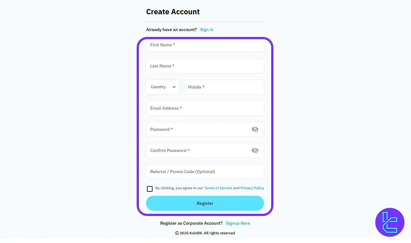 KoinBX signup create strong password