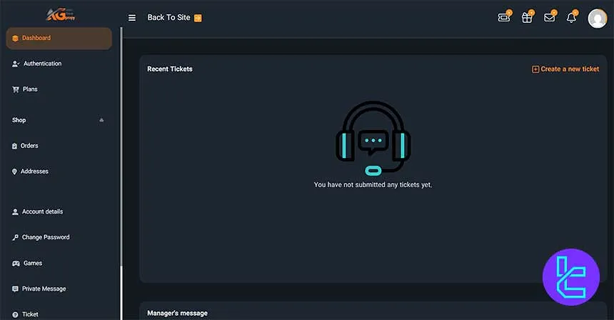 اشبورد کاربری آرکن پراپی با نمایش تیکتها و منوی جانبی