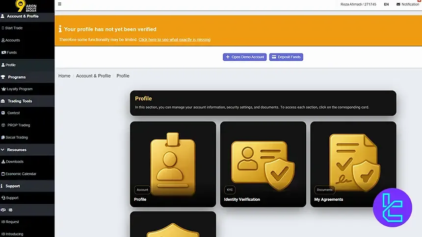داشبورد کاربری Aron Prop و بخشهای پروفایل و احراز هویت