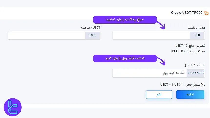 وارد کردن مبلغ و آدرس کیف برای دریافت تتر تتر از کپیتال اکستند