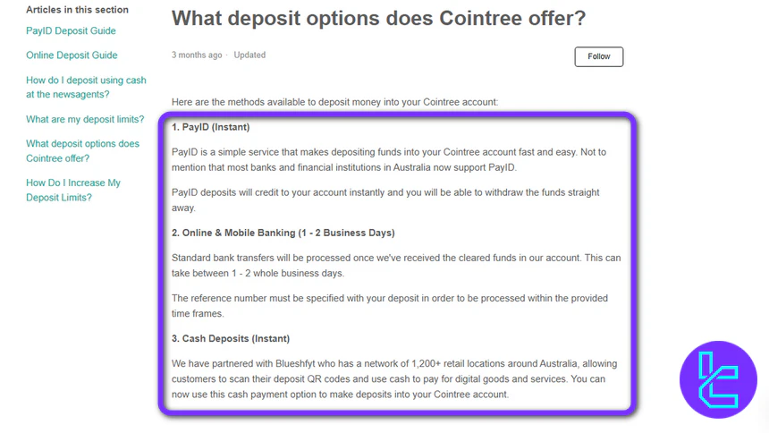 Cointree deposit methods