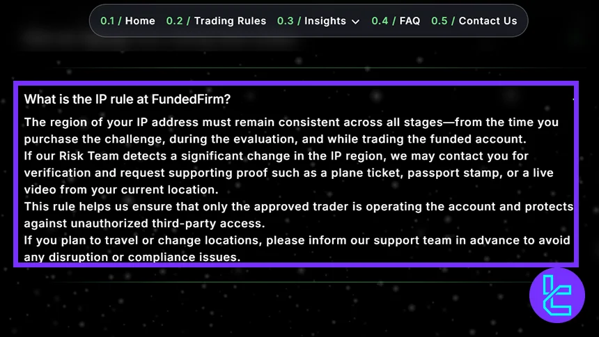 FundedFirm IP consistency requirements for secure account access