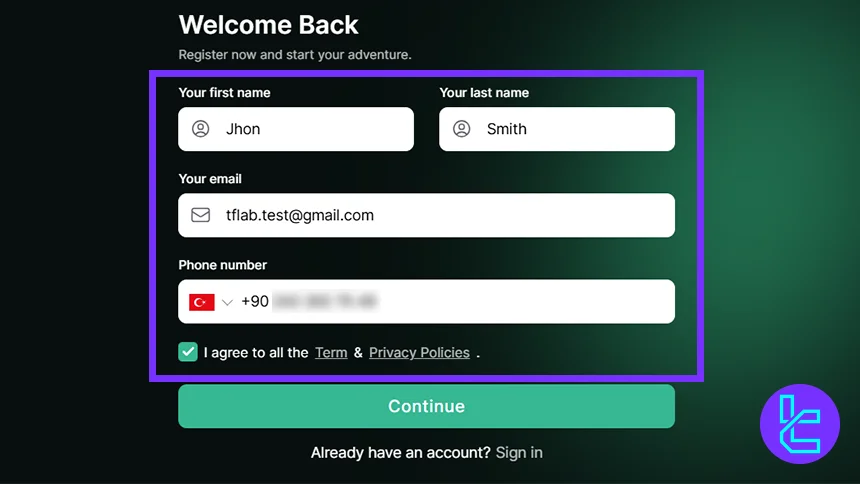 FundedFirm signup form fields