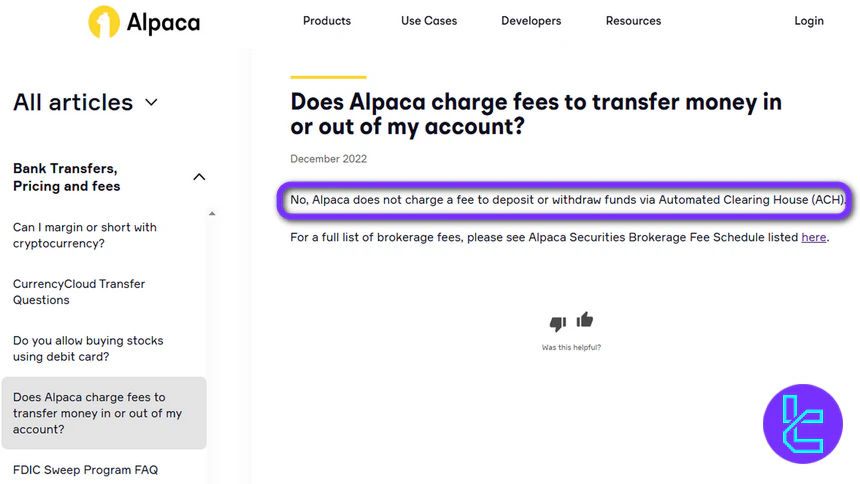 Alpaca Markets non-trading fees