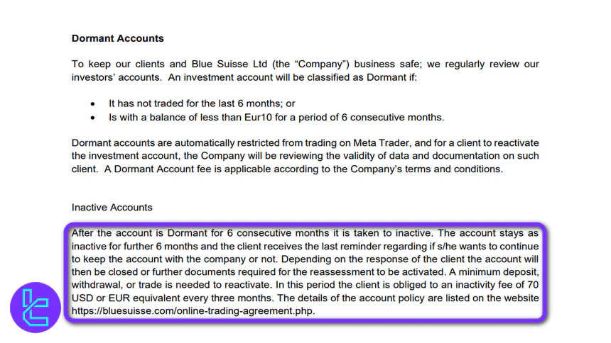 Bluesuisse inactivity fees