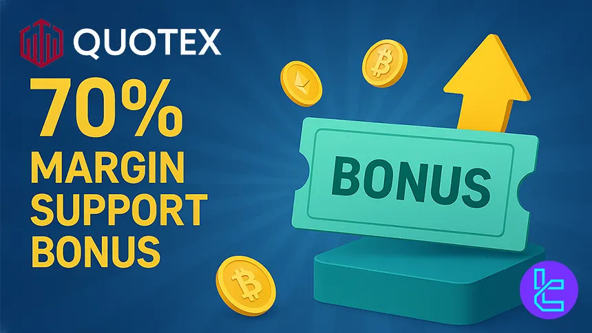 Promotional graphic showing the Quotex 70% margin support bonus with crypto icons