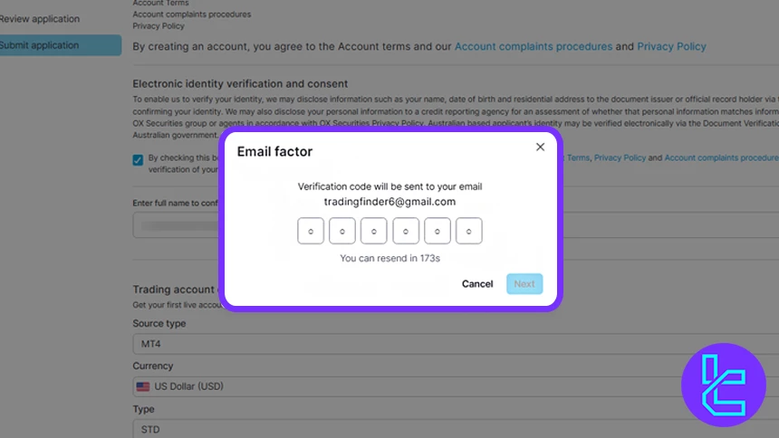 Email confirmation OX Securities authentication