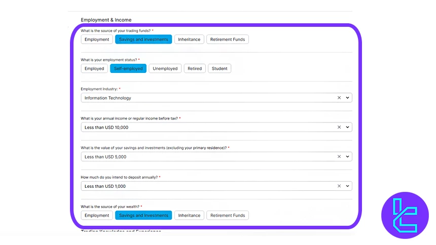Employment form in OX Securities KYC