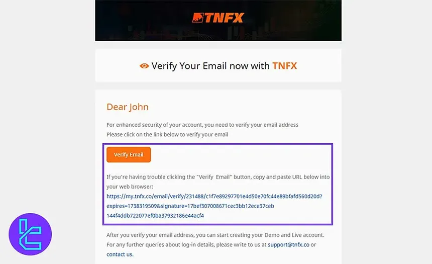 TNFX email verification by link