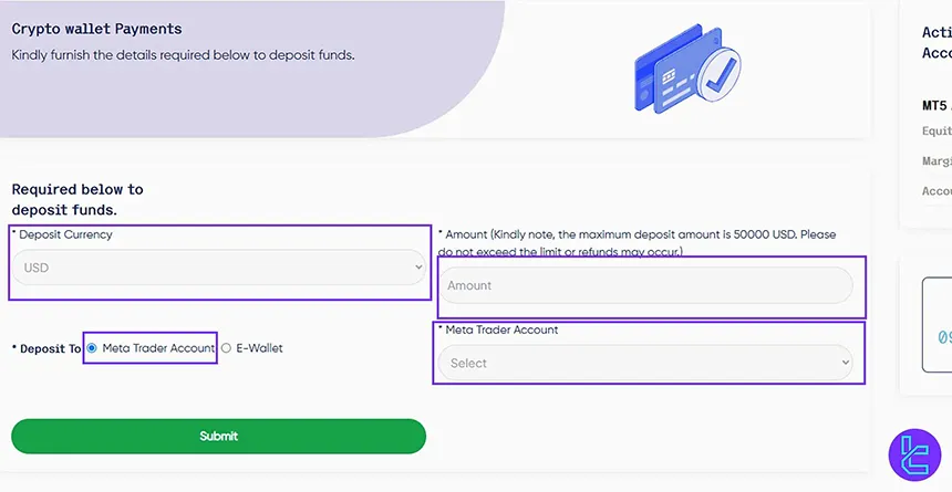 Enter deposit details on Trust Capital account