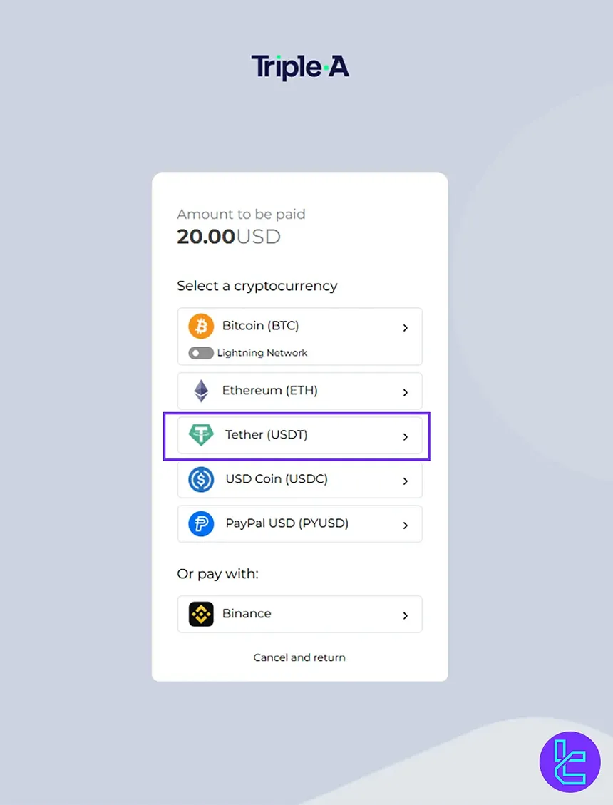 Select Tether TRC20 on Trust Capital