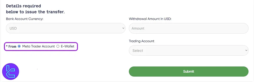 Enter withdrawal details on Trust Capital account