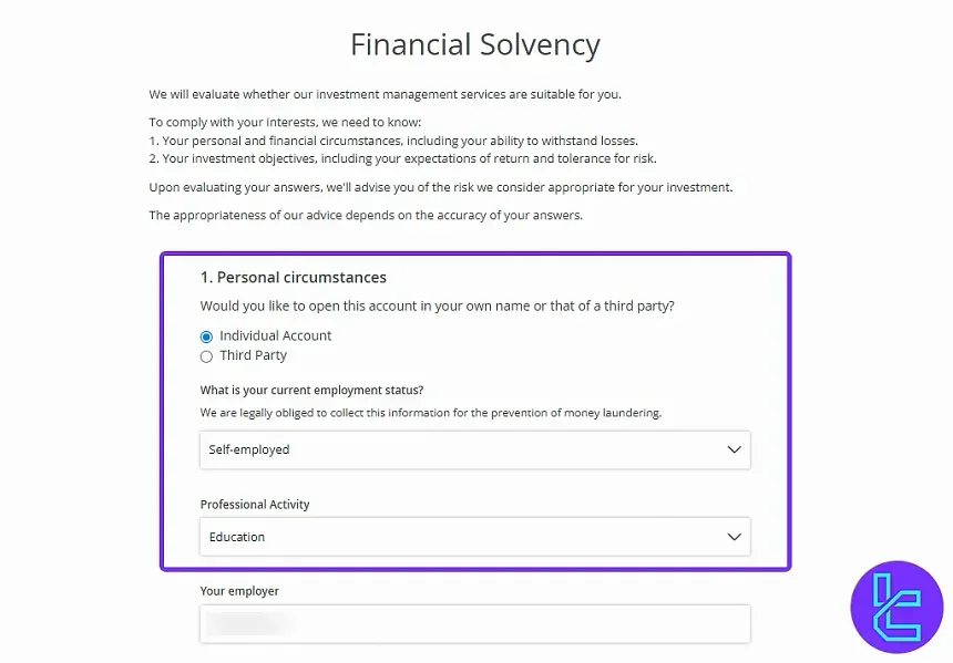 Darwinex financial details submission panel