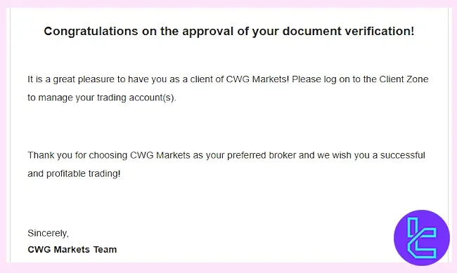 CWG Markets KYC confirmation email