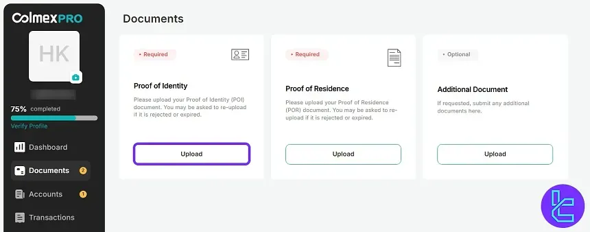 Start the Colmex Pro identity document upload