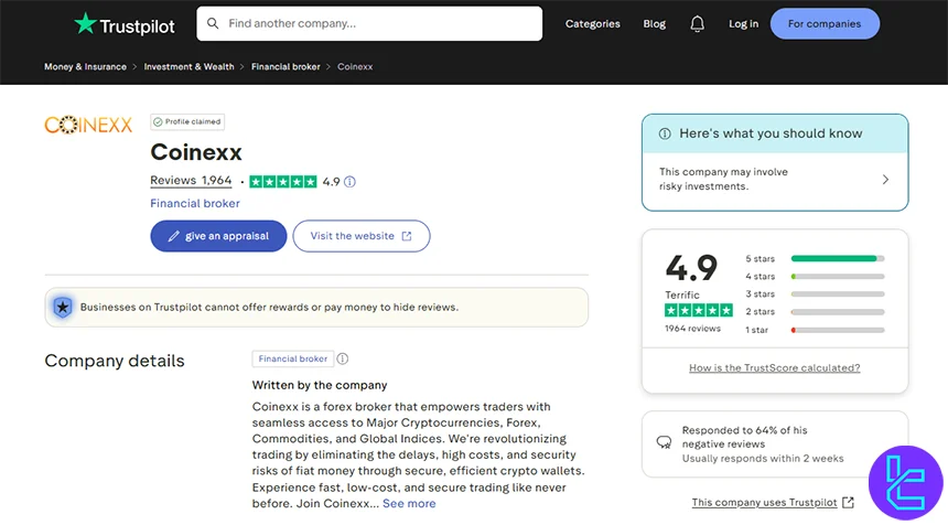 Coinexx trust score by Trustpilot