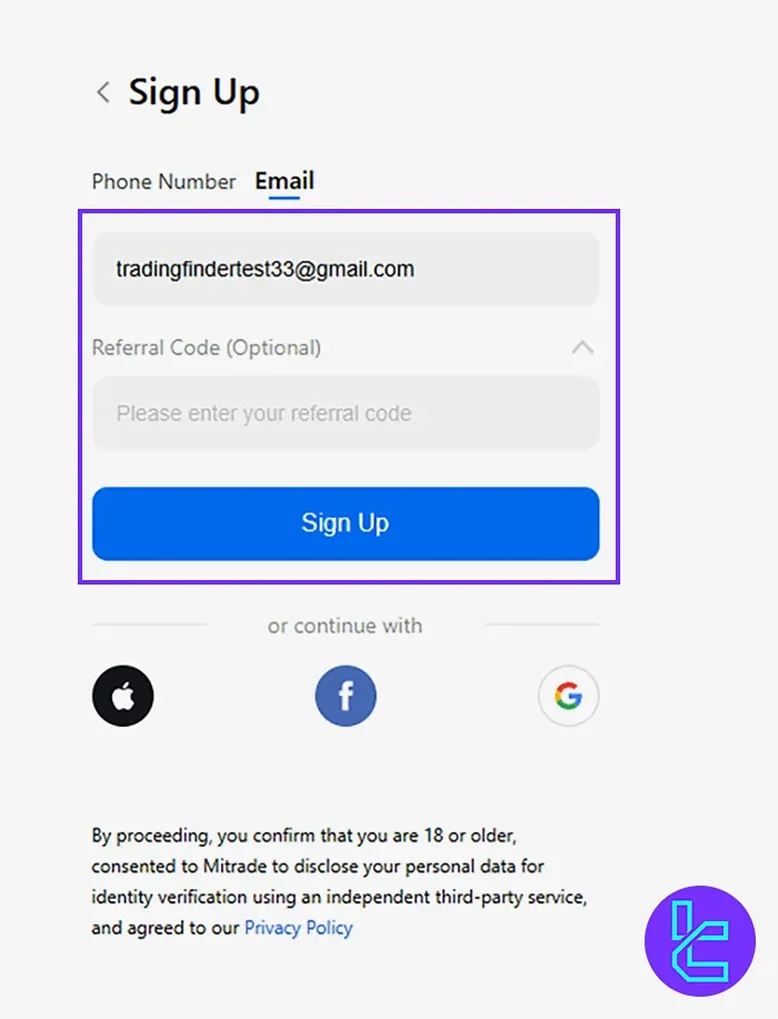 Enter email or phone number for Mitrade registration
