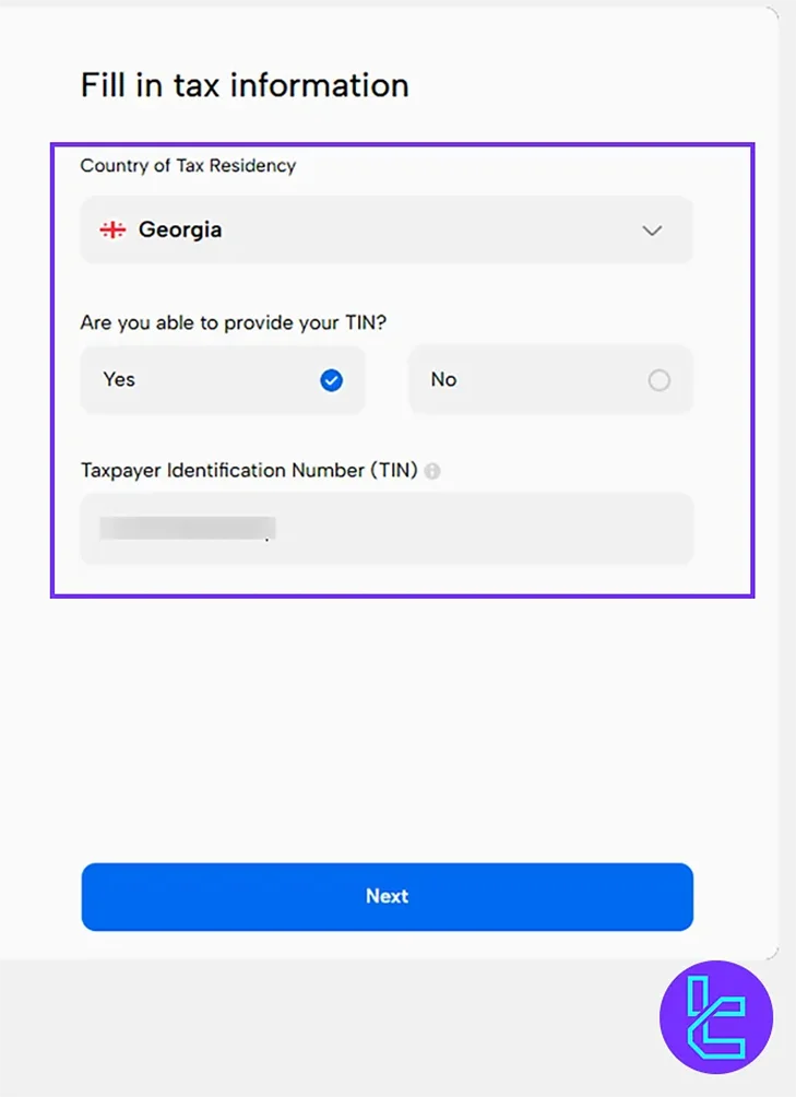 Enter tax info for Mitrade registration