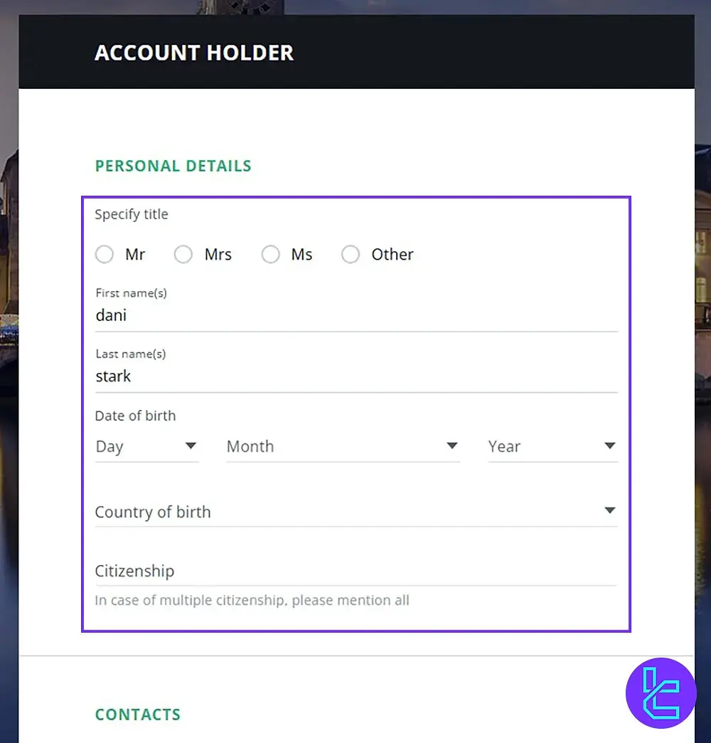 Dukascopy personal details form