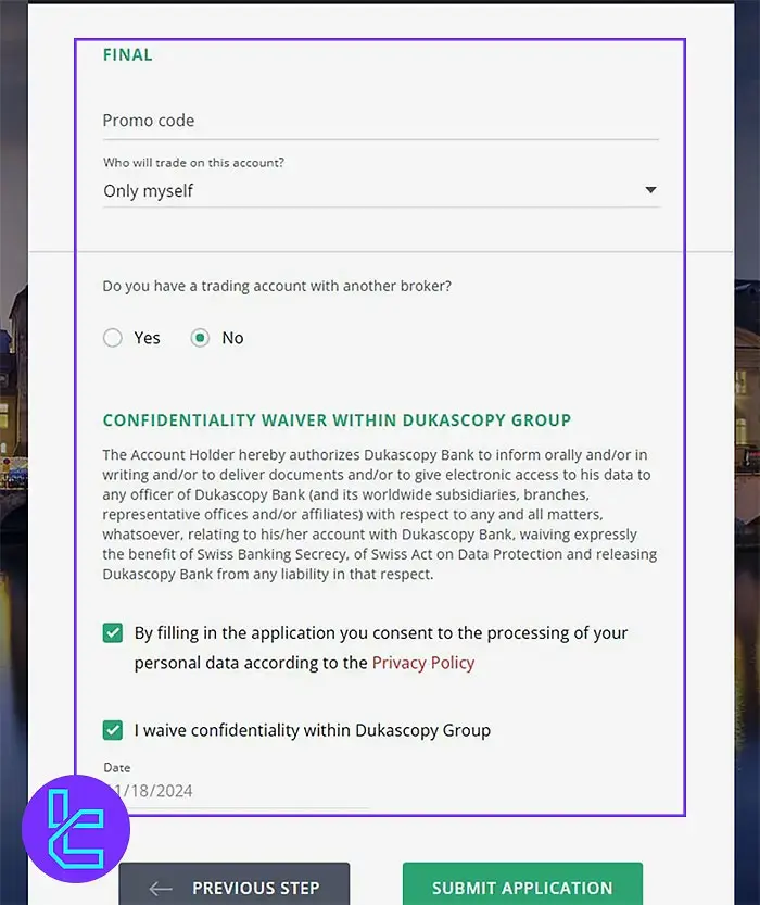Dukascopy submit application