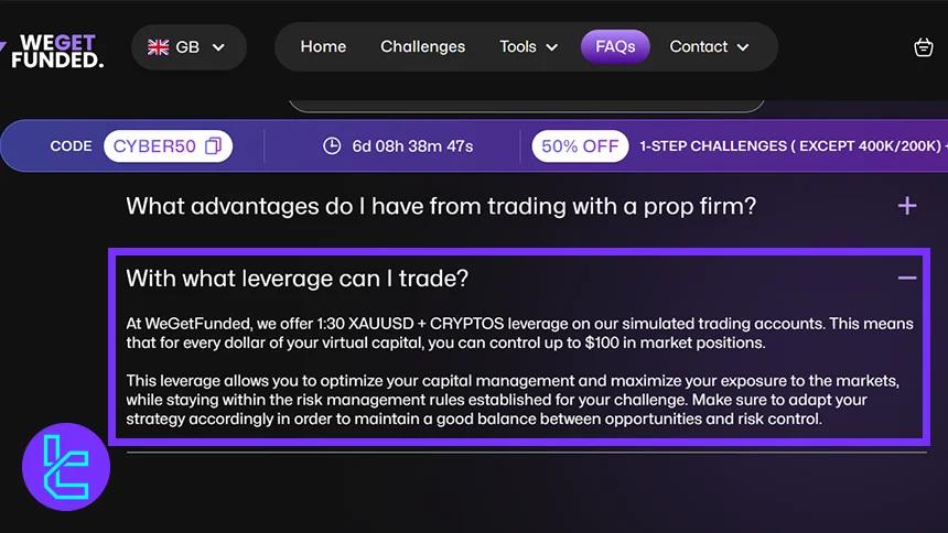 WeGetFunded leverage offerings with XAUUSD and cryptocurrencies