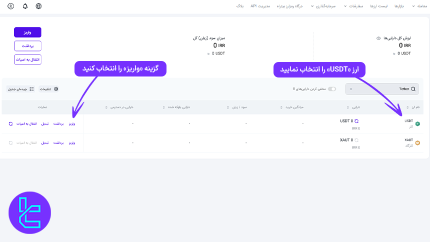 نمایش اطلاعات دارایی تتر در ExCoino